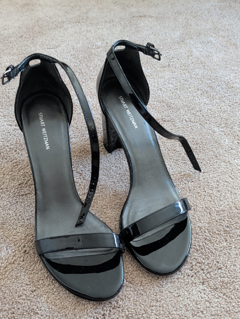 Stuart Weitzman Black Patent Open-Toe Ankle-Strap Heels